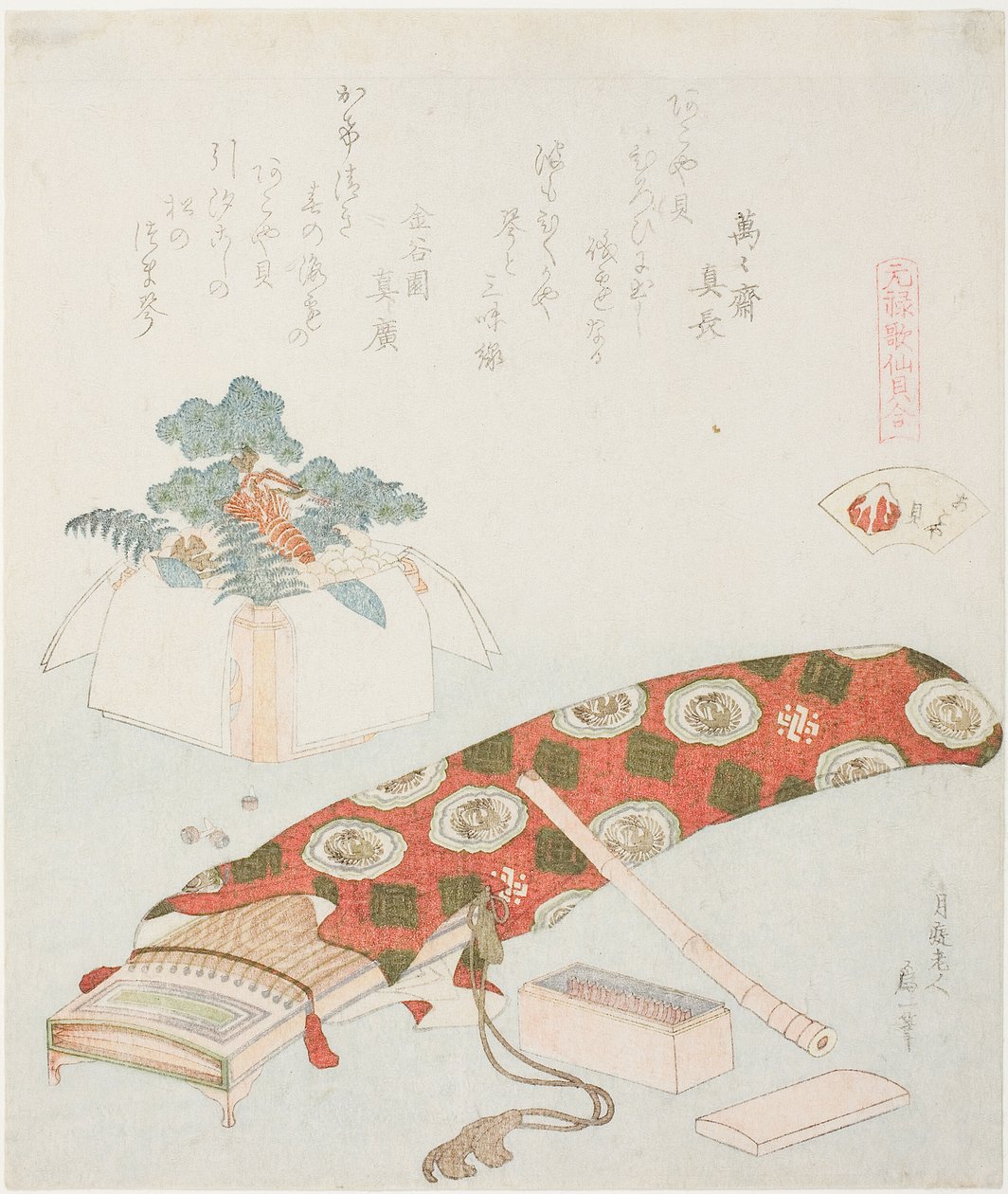 Koto i ofiara noworoczna, ilustracja do The Akoya Beach Shell (Akoyagai), z serii „Gra w dopasowywanie z muszelkami wierszy z okresu Genroku (Genroku kasen kai awase)” autorstwa Katsushika Hokusai