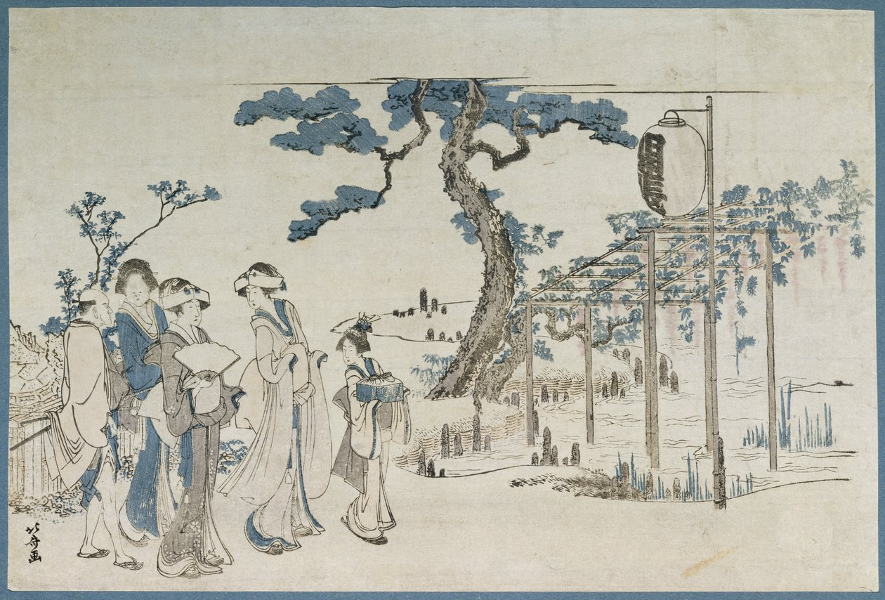Panie odwiedzające ogrody Wisteria w Kameido (drewnodruk) autorstwa Katsushika Hokusai