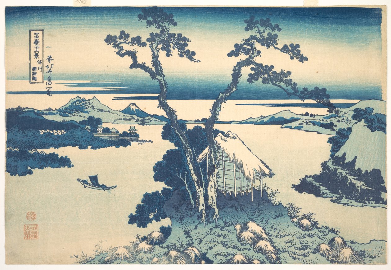Jezioro Suwa w prowincji Shinano (Shinshū Suwako), z cyklu „Trzydzieści sześć widoków góry Fuji” (Fugaku sanjūrokkei) autorstwa Katsushika Hokusai
