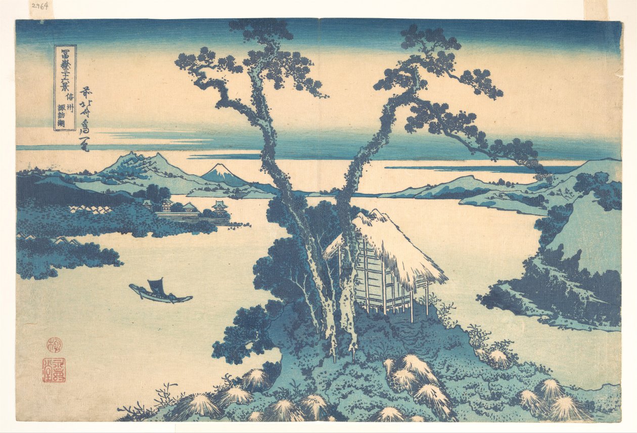 Jezioro Suwa w prowincji Shinano (Shinshū Suwako), z cyklu „Trzydzieści sześć widoków góry Fuji” (Fugaku sanjūrokkei) autorstwa Katsushika Hokusai