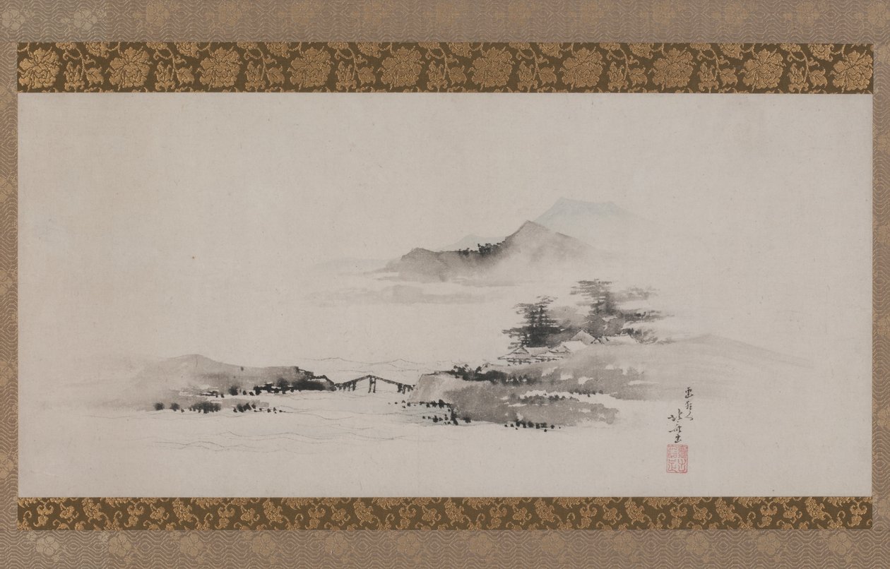 Krajobraz, epoka Edo, ok. 1801-02 (tusz i kolor na papierze zamontowane jako wiszący zwój) autorstwa Katsushika Hokusai