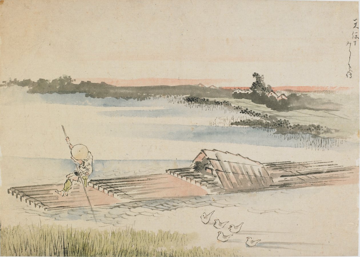 Krajobraz: wioślarz pokonujący swoją tratwę, koniec XVIII-początek XIX wieku. autorstwa Katsushika Hokusai