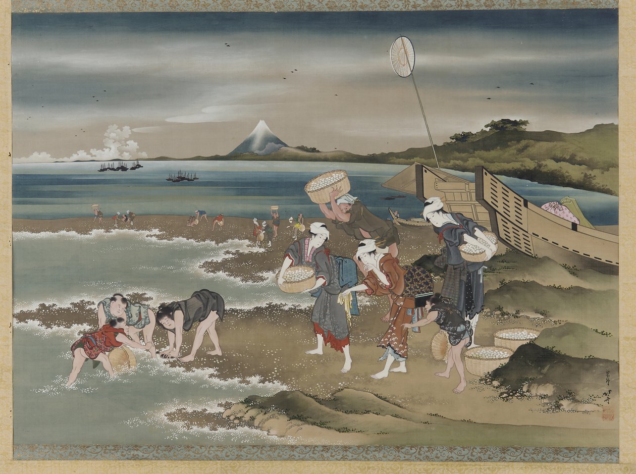 Pejzaż: zbieracze małży na brzegu (tusz i kolor na jedwabiu) autorstwa Katsushika Hokusai