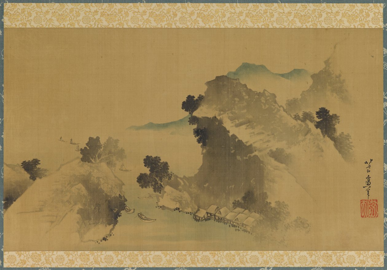 Krajobraz: góry, potok i łodzie, koniec XVIII – początek XIX wieku. autorstwa Katsushika Hokusai