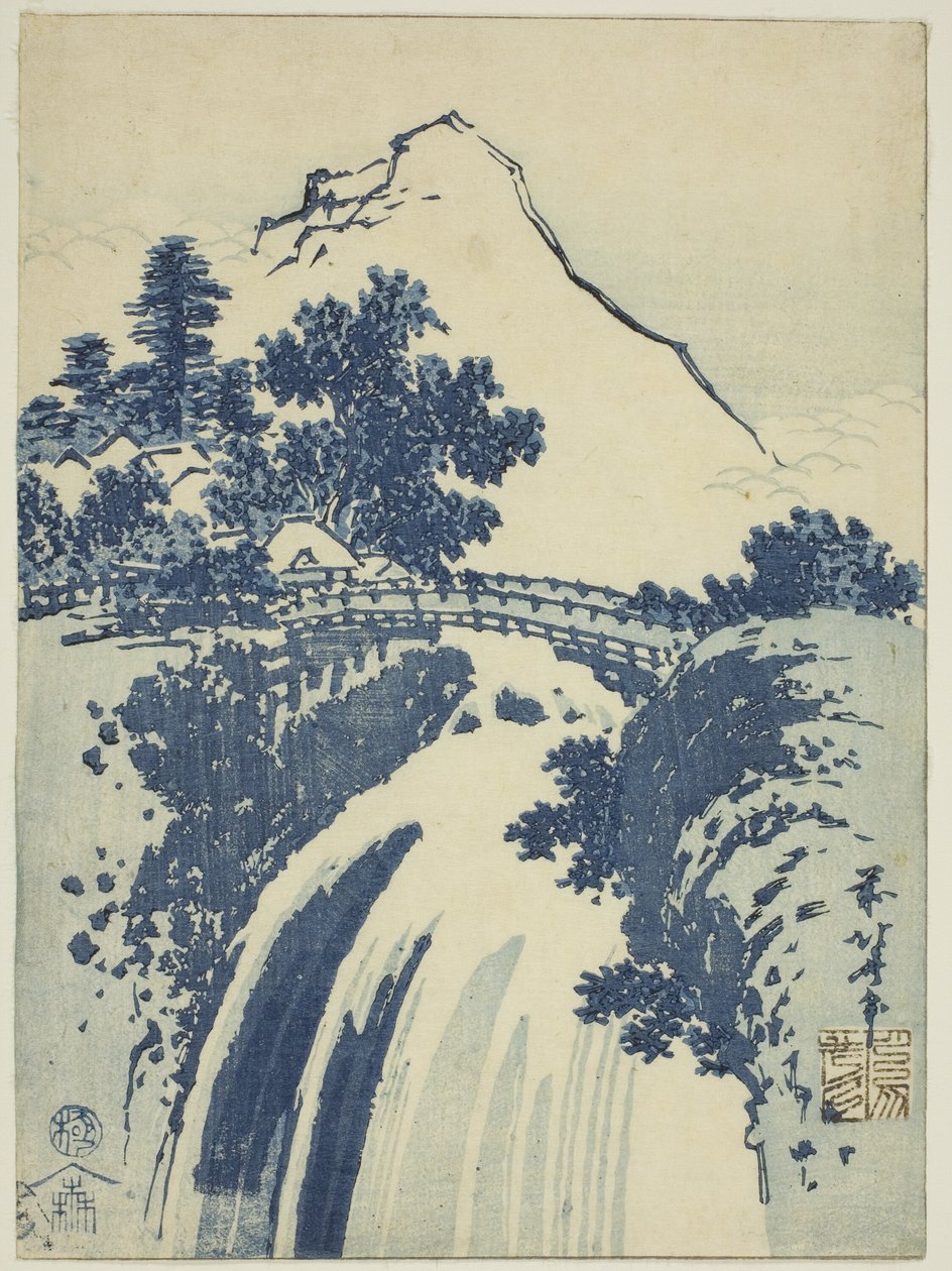 Pejzaż z wodospadem, z serii grafik chuban bez tytułu autorstwa Katsushika Hokusai