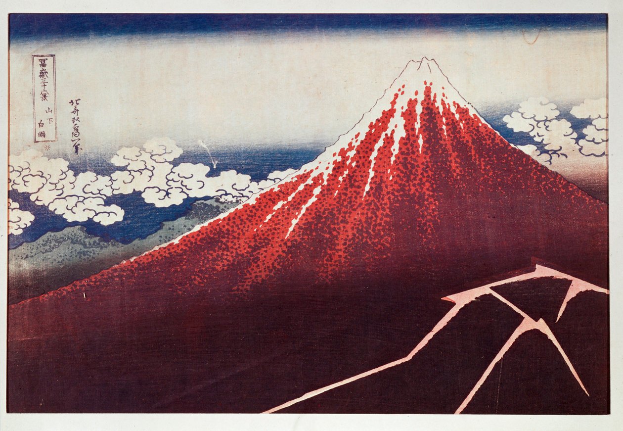 Błyskawica na górze Fujiyama... (kolorowy drzeworyt) autorstwa Katsushika Hokusai
