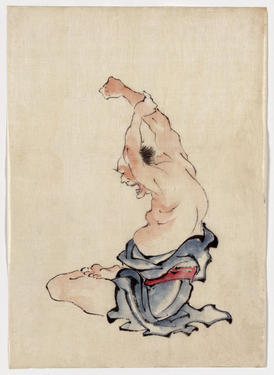 Man Stretching, opublikowane w latach 1830-50 (pranie z kolorowym tuszem) autorstwa Katsushika Hokusai