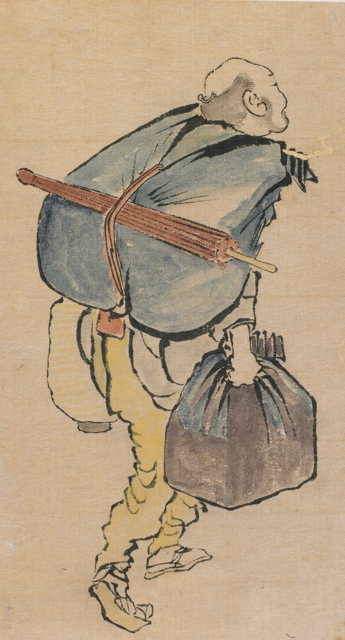 Mężczyzna niosący plecak i latarnię, koniec XVIII-początek XIX wieku. autorstwa Katsushika Hokusai