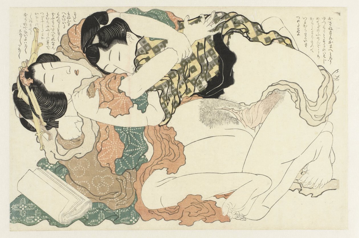 Mężczyzna i kobieta w ciepłym uścisku Roślina Adonis (tytuł serii) Fukujuso (tytuł serii) autorstwa Katsushika Hokusai