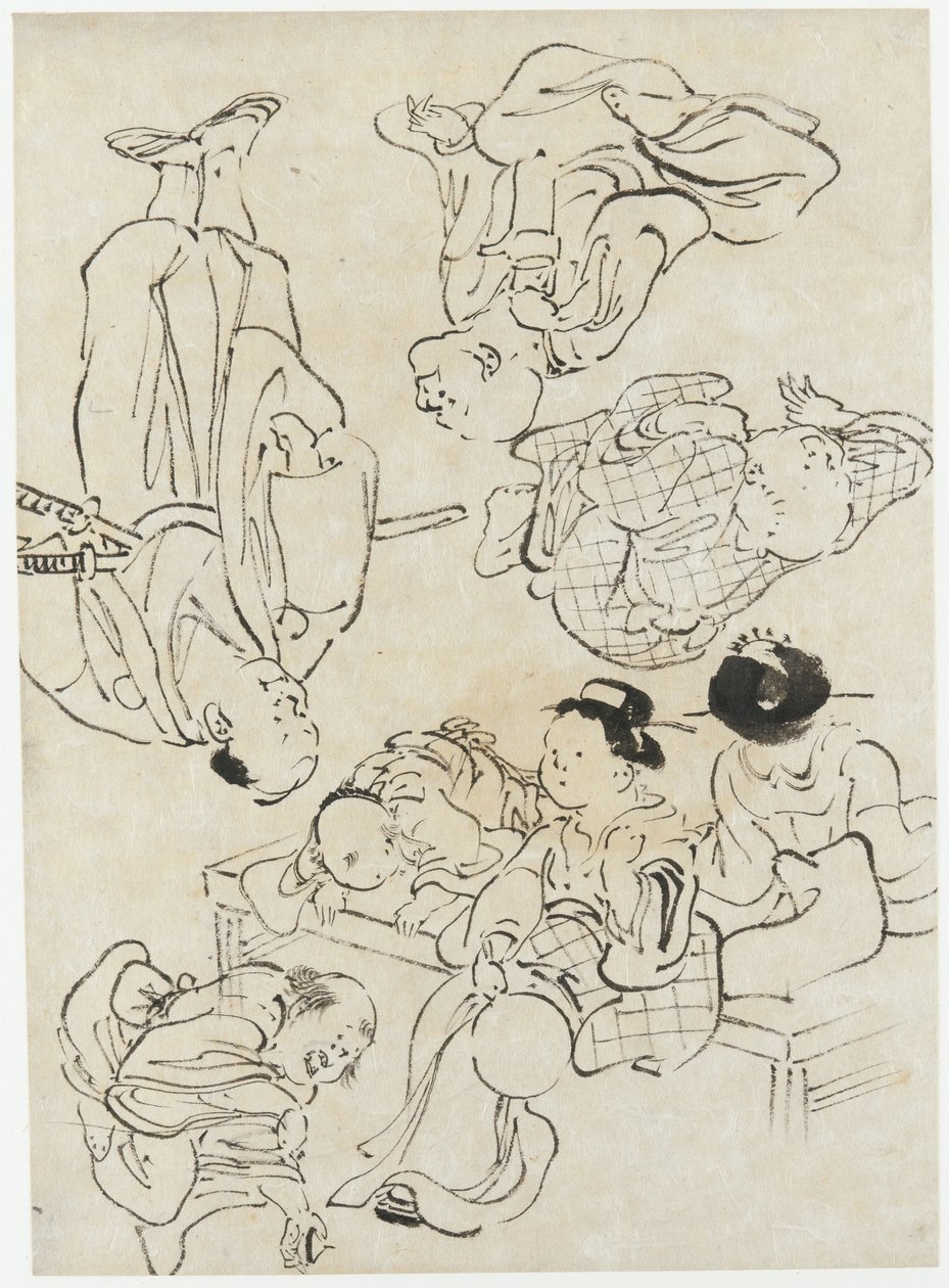 Różne postacie: letnie przyjemności, postacie siedzące na werandzie i (dolny) Samuraj, okres Edo (tusz na papierze) autorstwa Katsushika Hokusai
