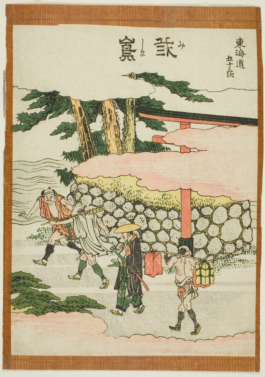 Mishima, z serii „Pięćdziesiąt trzy stacje Tokaido (Tokaido gojusan tsugi)” autorstwa Katsushika Hokusai