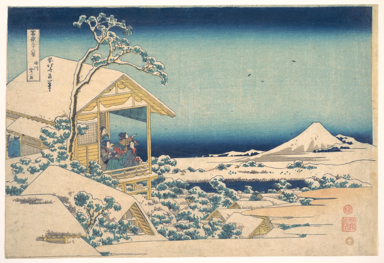 Poranek po śniegu w Koishikawa w Edo (Koishikawa yuki no ashita),  z cyklu „Trzydzieści sześć widoków góry Fuji” (Fugaku sanjūrokkei) autorstwa Katsushika Hokusai
