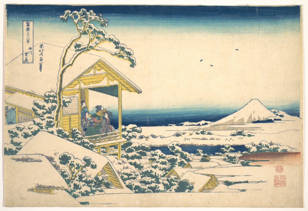 Poranek po śniegu w Koishikawa w Edo (Koishikawa yuki no ashita), z cyklu „Trzydzieści sześć widoków góry Fuji” (Fugaku sanjūrokkei) autorstwa Katsushika Hokusai