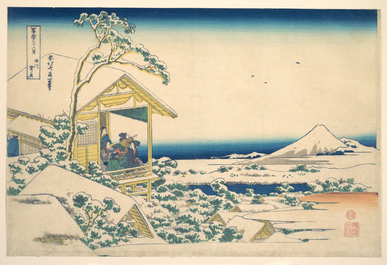 Poranek po śniegu w Koishikawa w Edo (Koishikawa yuki no ashita), z cyklu „Trzydzieści sześć widoków góry Fuji” (Fugaku sanjūrokkei) autorstwa Katsushika Hokusai