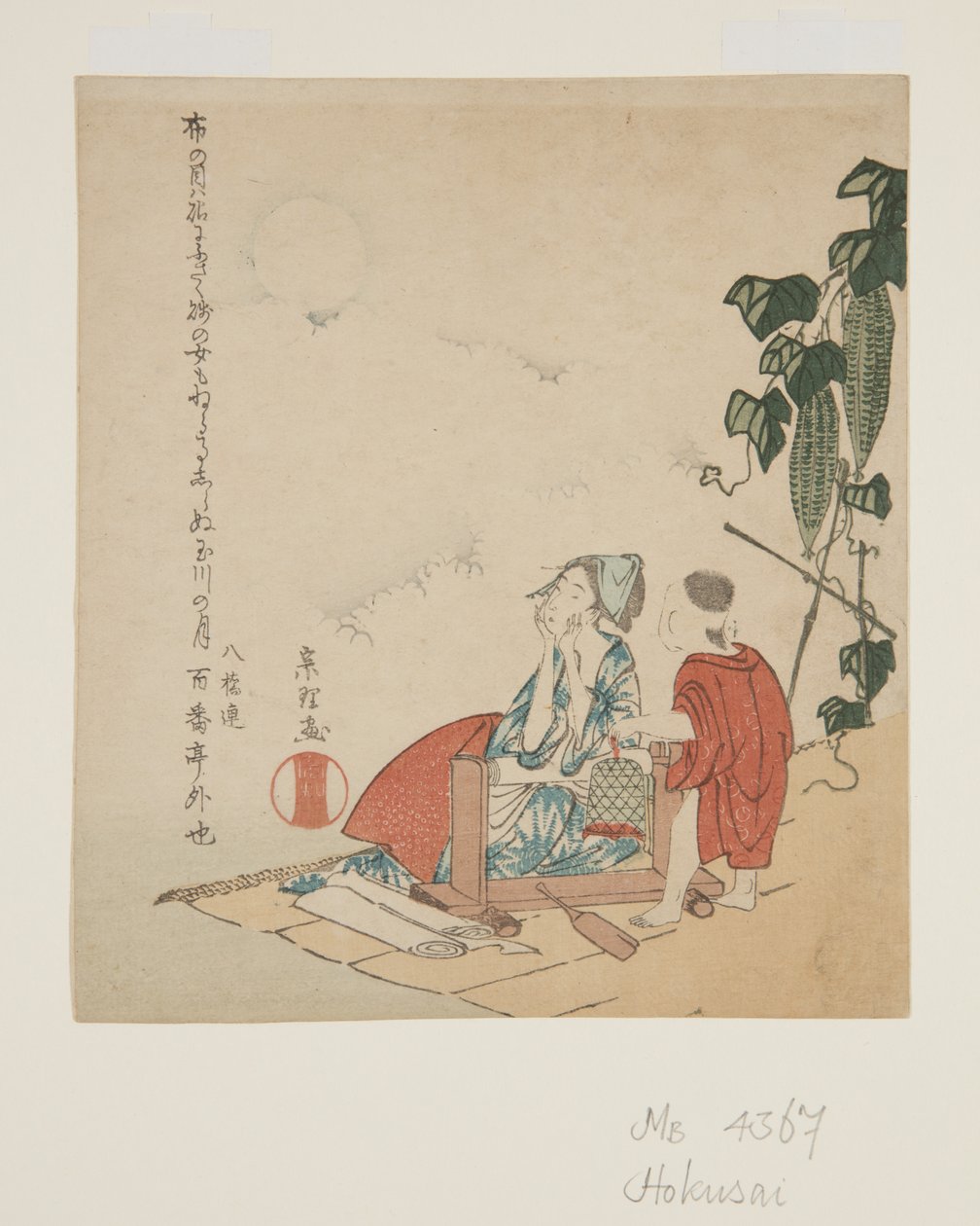 Mother and Child by Gourd Trellis, Moonlight (kolorowy nadruk w drewnie) autorstwa Katsushika Hokusai