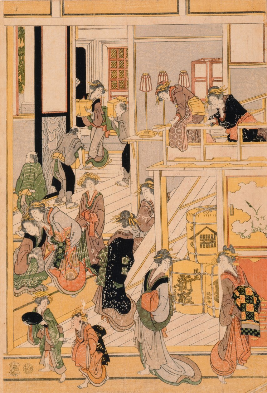 Nowy Rok w Herbaciarni Ogi-ya. ok. 1810 (kolorowy drzeworyt) (zestaw patrz 277796-277798) autorstwa Katsushika Hokusai
