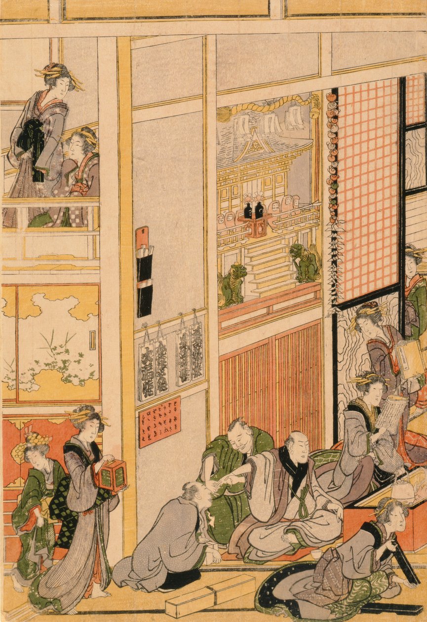 Nowy Rok w Herbaciarni Ogi-ya. ok. 1810 (kolorowy drzeworyt) (zestaw patrz 277765 i 277797-277798) autorstwa Katsushika Hokusai