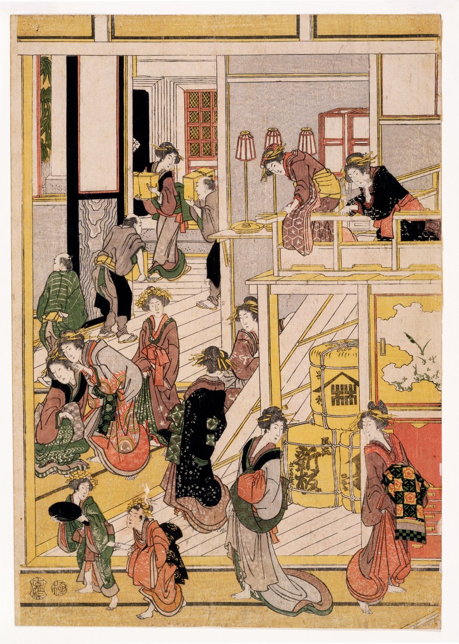 New Years Days of the Teahouse Ogi-ya, c.1810 (odbitki drzeworytowe) (patrz także 406534, 406535 i 406536) autorstwa Katsushika Hokusai