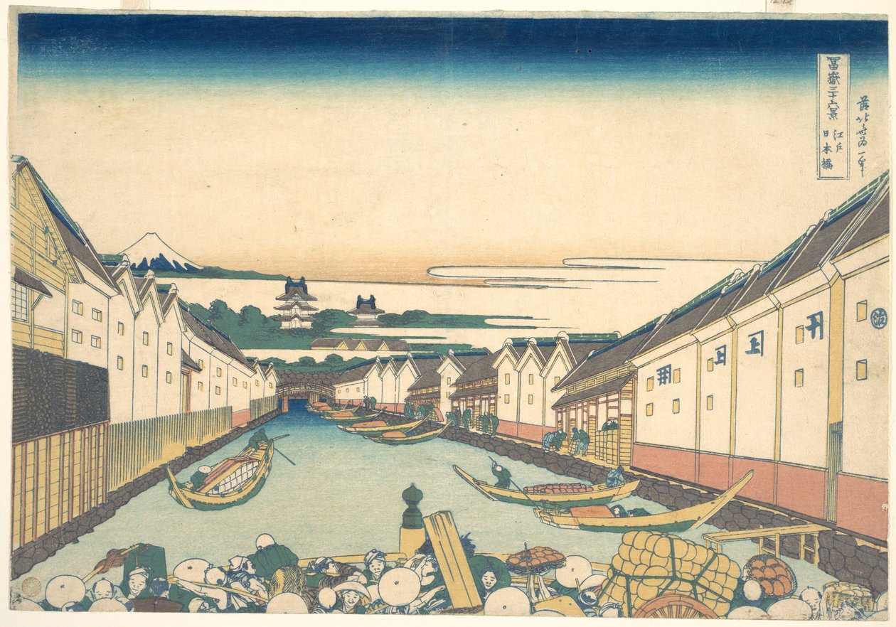 Nihonbashi w Edo (Edo Nihonbashi), z cyklu „Trzydzieści sześć widoków góry Fuji” (Fugaku sanjūrokkei) autorstwa Katsushika Hokusai