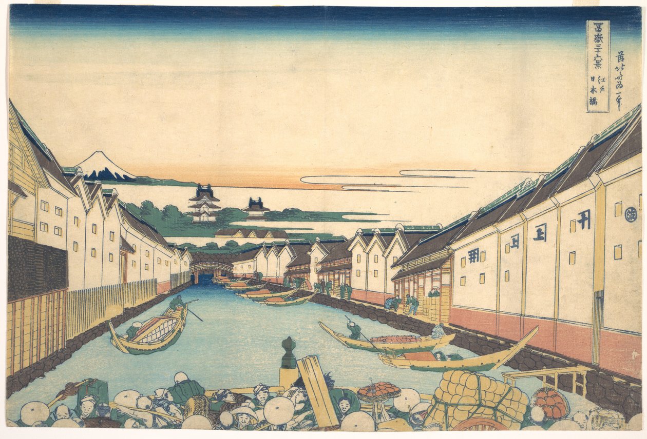 Nihonbashi w Edo (Edo Nihonbashi), z cyklu „Trzydzieści sześć widoków góry Fuji” (Fugaku sanjūrokkei) autorstwa Katsushika Hokusai