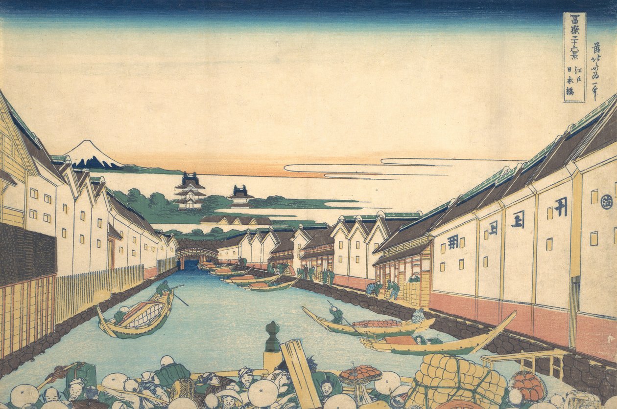 Nihonbashi w Edo Edo Nihonbashi, z cyklu Trzydzieści sześć widoków na górę Fudżi..., ca. 1830-32. autorstwa Katsushika Hokusai
