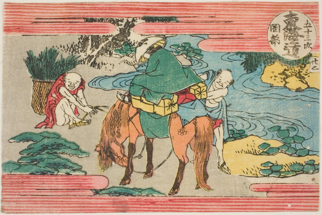 Nr 22: Okabe, z serii „Pięćdziesiąt trzy stacje drogi Tokaido (Tokaido gojusan tsugi)” autorstwa Katsushika Hokusai