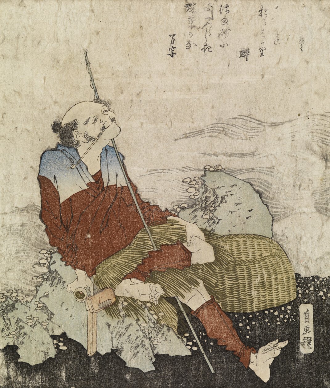 Stary rybak palący fajkę, ok. 1835 r. (kolorowy drzeworyt) autorstwa Katsushika Hokusai