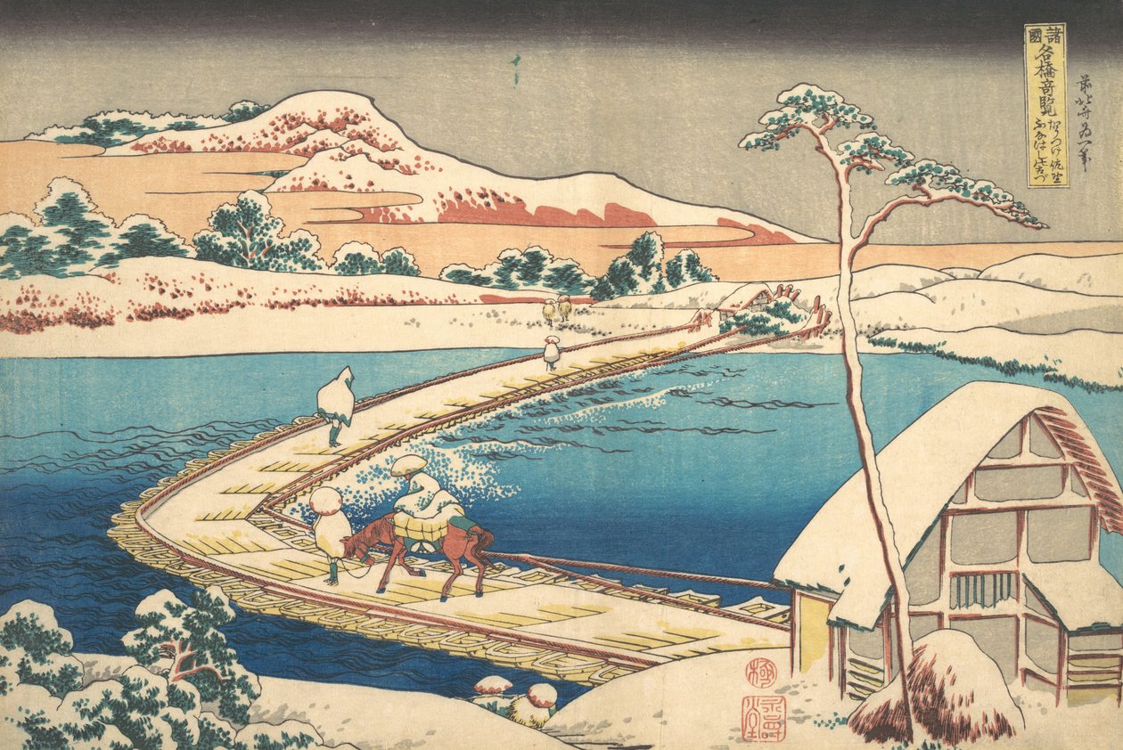 Stary widok mostu łodziowego w Sano w prowincji Kozuke Kozuke Sano funabashi no kozu,..., 1827-30. autorstwa Katsushika Hokusai