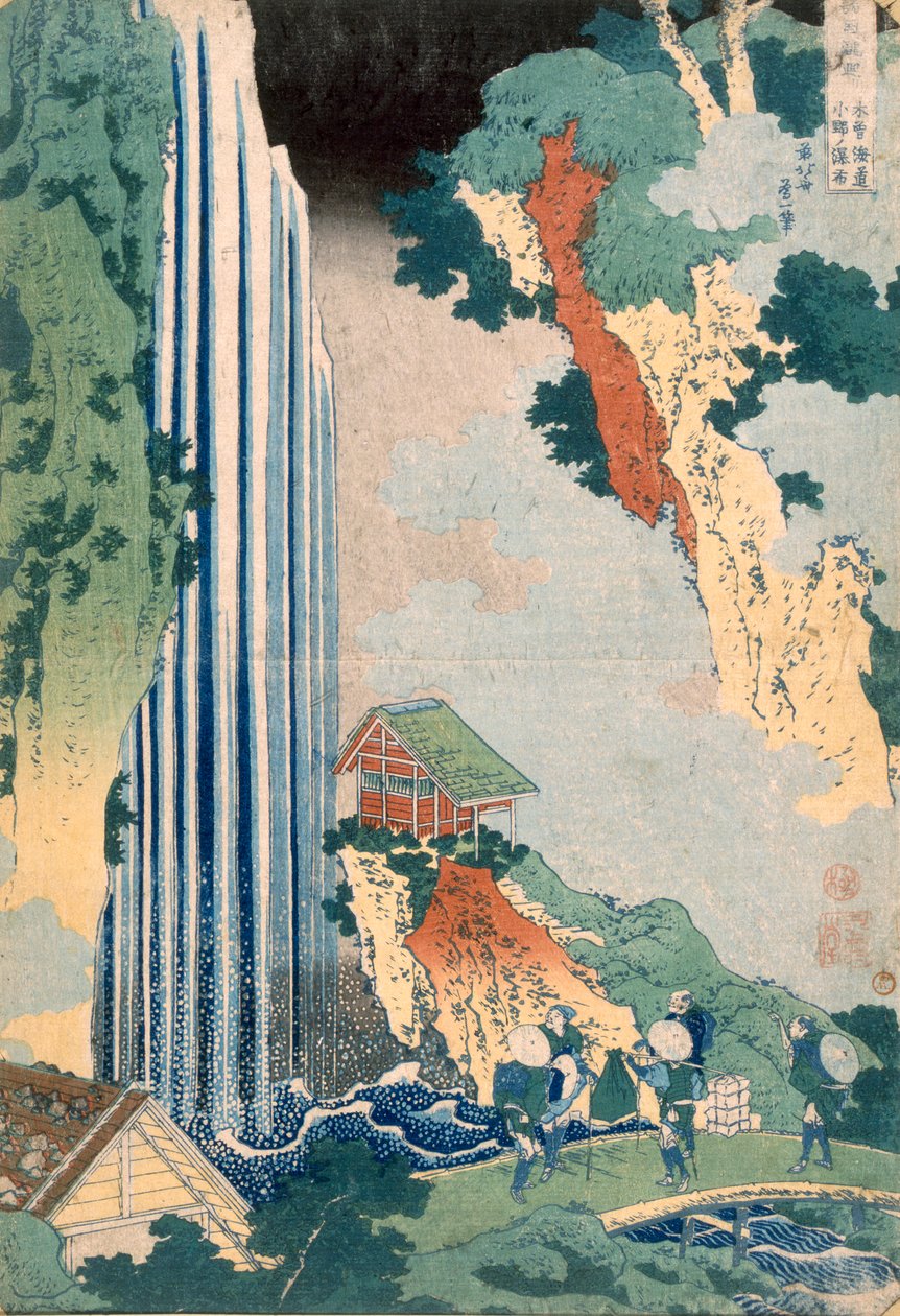 Wodospad Ona na Kisokaido, 1827 (kolorowy drzeworyt) autorstwa Katsushika Hokusai