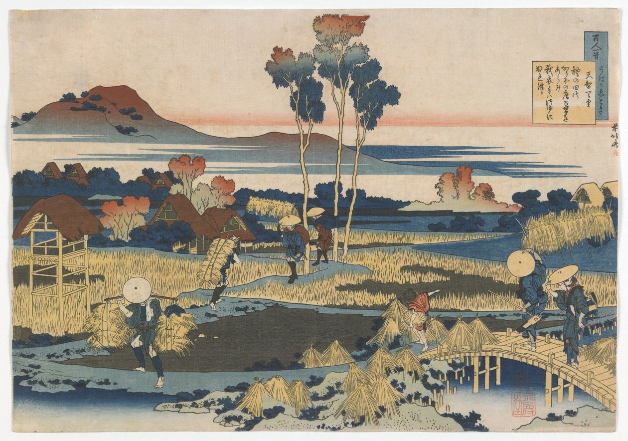 Stu poetów, po jednym wierszu, jak wyjaśniła mamka: Cesarz Tenji (Tenchi) okres Edo, 1835 (kolorowy drzeworyt) autorstwa Katsushika Hokusai