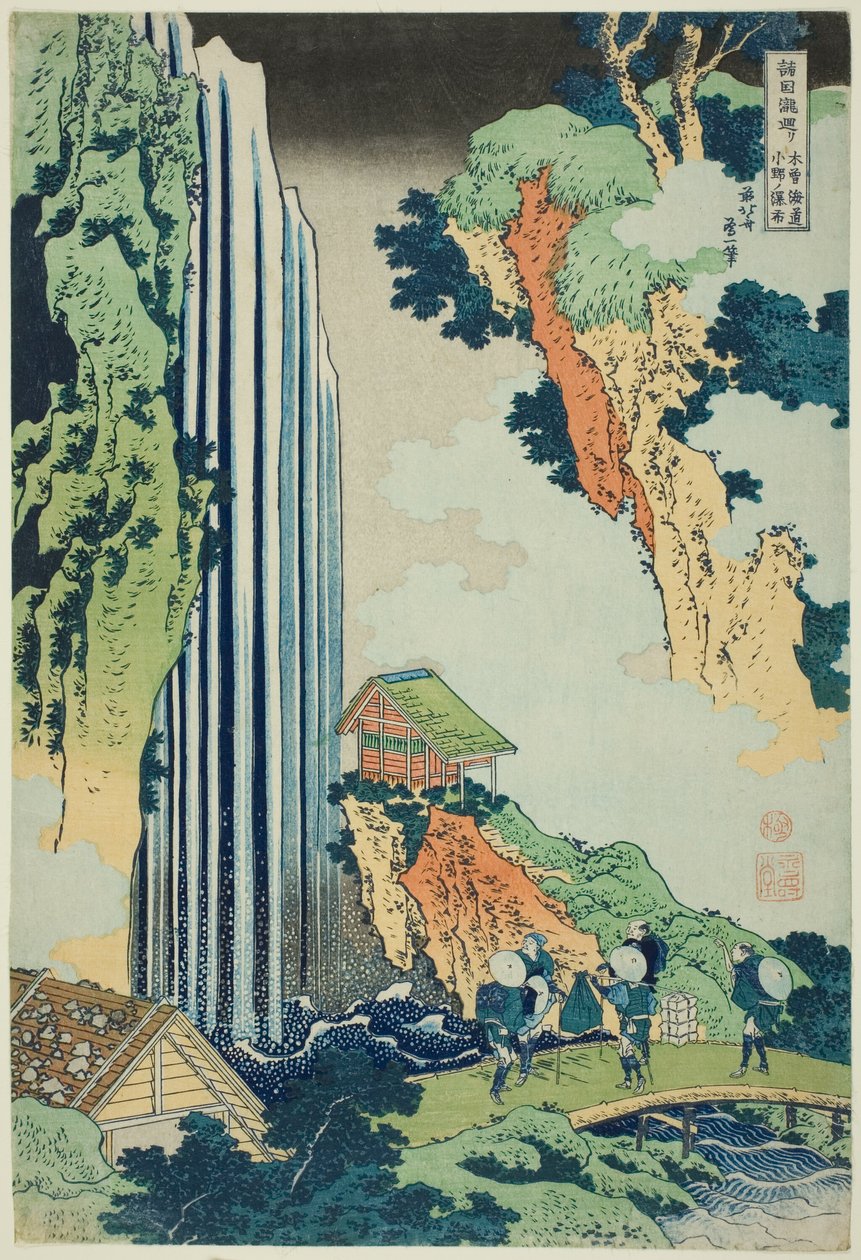 Wodospad Ono na drodze Kisokaidō (Kisokaidō Ono no bakufu), z cyklu Wycieczka po wodospadach w różnych prowincjach (Shokoku taki meguri) autorstwa Katsushika Hokusai