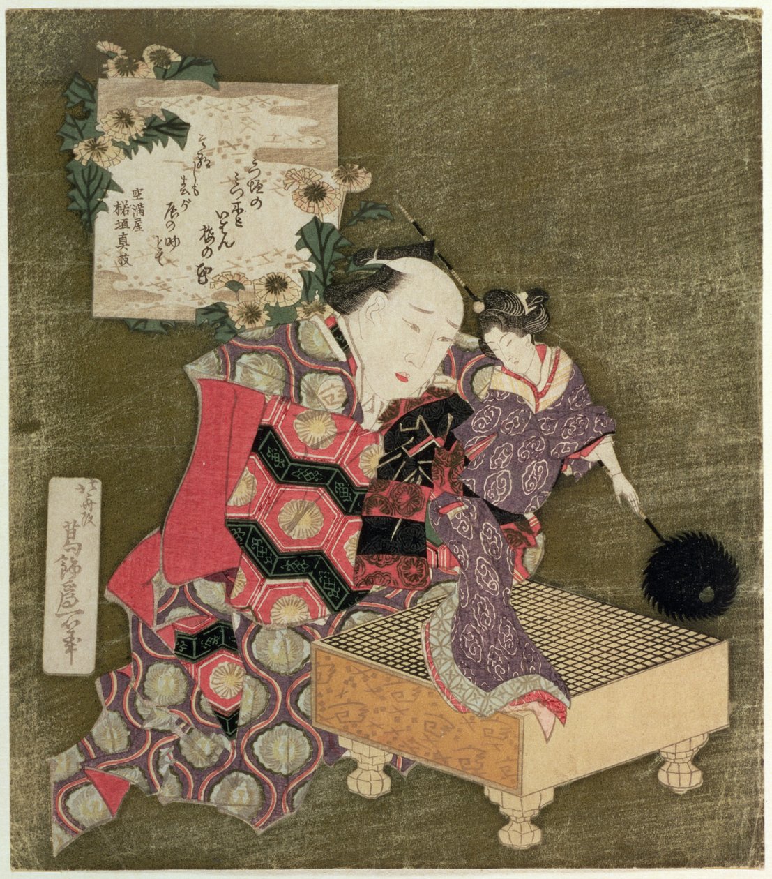 P.443-1937 Mężczyzna występujący z pacynką na tablicy Go (drewnodruk) autorstwa Katsushika Hokusai