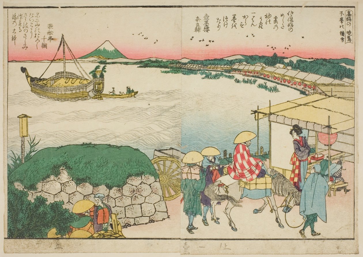 Strony z ilustrowanej książki „Panoramiczne widoki wzdłuż brzegów rzeki Sumida (Ehon Sumidagawa ryogan ichiran)” autorstwa Katsushika Hokusai