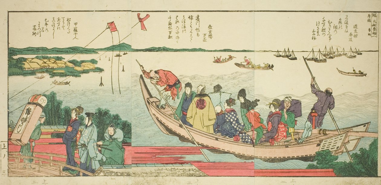 Strony z ilustrowanej książki „Panoramiczne widoki wzdłuż brzegów rzeki Sumida (Ehon Sumidagawa ryogan ichiran)” autorstwa Katsushika Hokusai