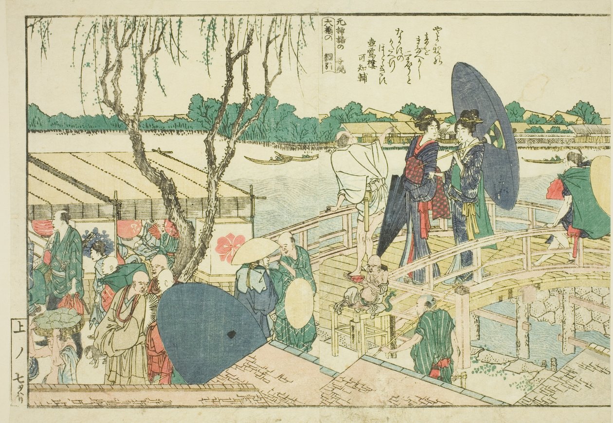 Strony z ilustrowanej książki „Panoramiczne widoki wzdłuż brzegów rzeki Sumida (Ehon Sumidagawa ryogan ichiran)” autorstwa Katsushika Hokusai