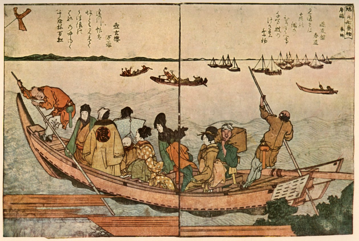 Pasażerowie na łodzi przekraczającej rzekę Sumida w Japonii, ok. 1804 r., 1924 r. autorstwa Katsushika Hokusai