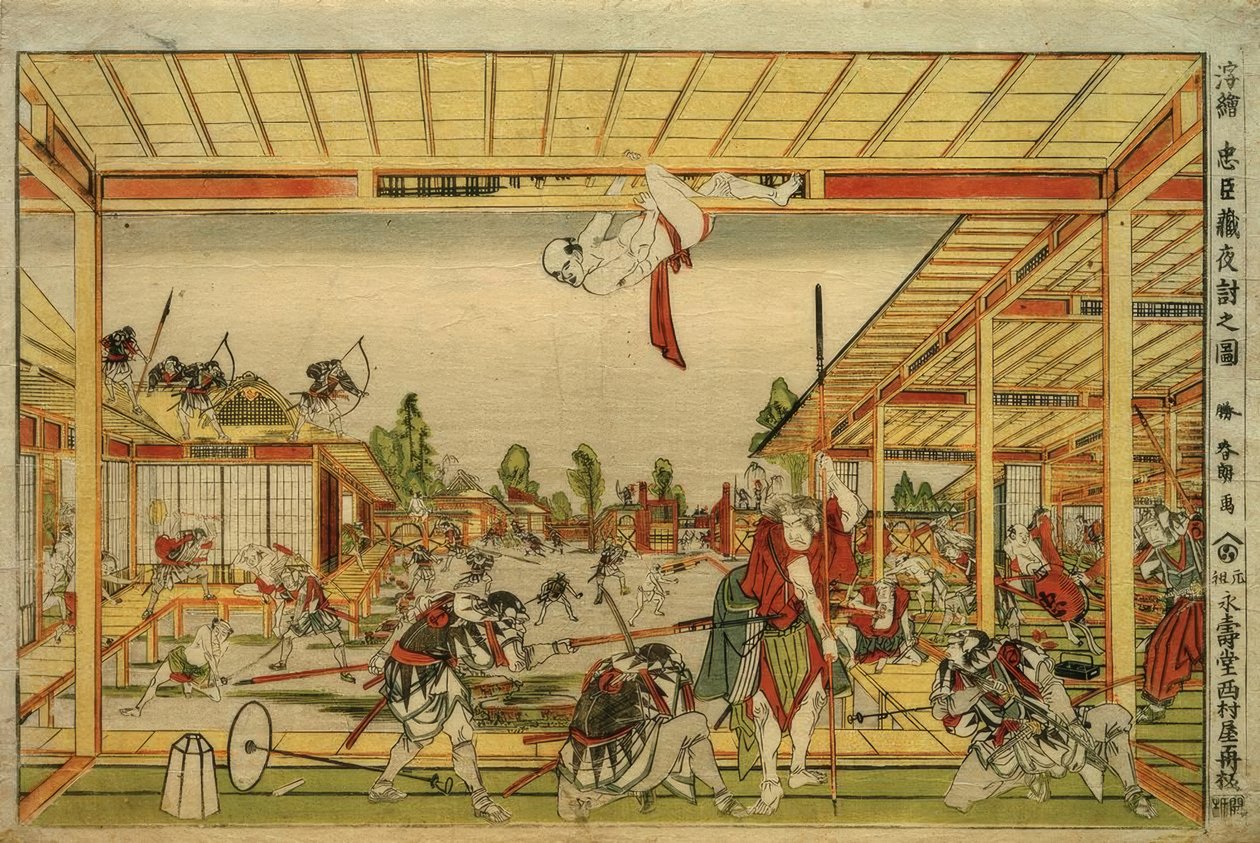 Perspektywiczny obraz nocnego ataku 47 lojalnych wasali autorstwa Katsushika Hokusai