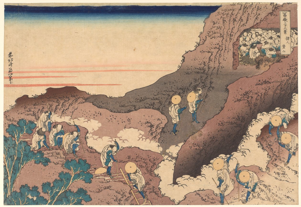 Pielgrzymi wspinający się na szczyt, z cyklu „Trzydzieści sześć widoków góry Fuji” autorstwa Katsushika Hokusai