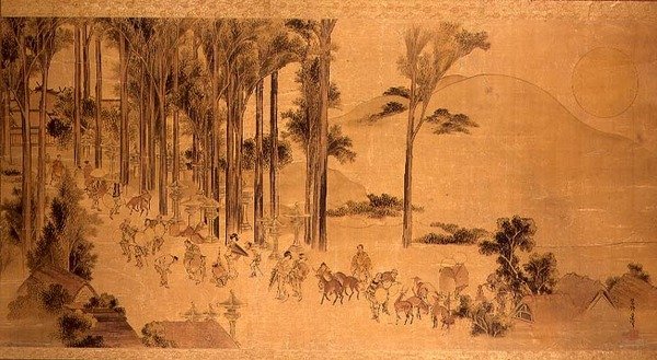 Pielgrzymi w Sanktuarium Kasuga (malowanie na jedwabiu) autorstwa Katsushika Hokusai