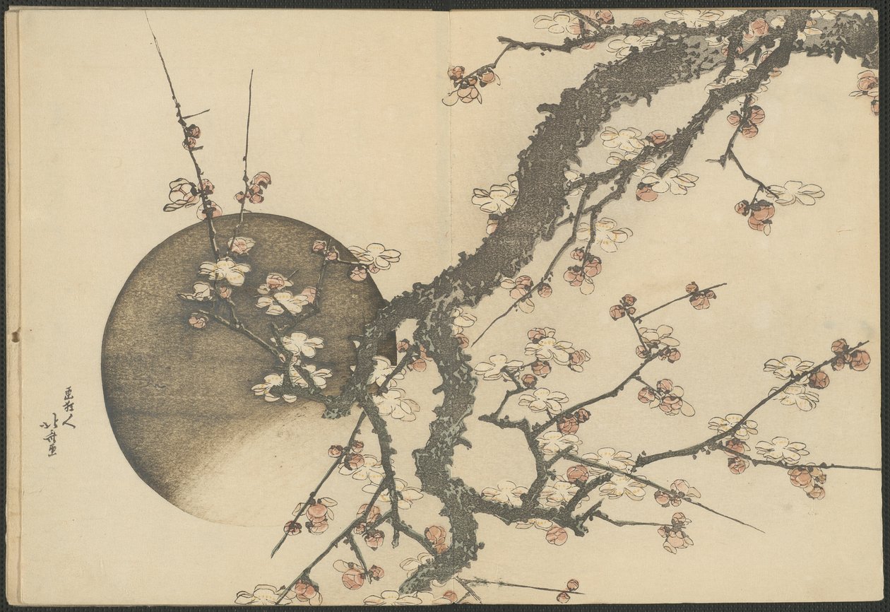 Kwiat śliwy i księżyc z książki Góra Fuji wiosną (Haru no Fuji) autorstwa Katsushika Hokusai