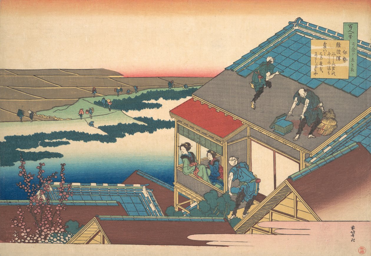 Wiersz Iseia, z cyklu Sto wierszy wyjaśnionych przez pielęgniarkę Hyakunin isshu ..., ca. 1835. autorstwa Katsushika Hokusai