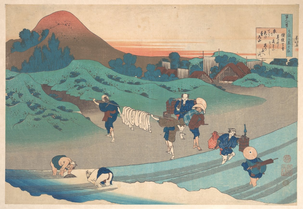 Wiersz autorstwa cesarzowej Jitō, z cyklu „Sto wierszy wyjaśnionych przez nianię” (Hyakunin isshu uba ga etoki) autorstwa Katsushika Hokusai