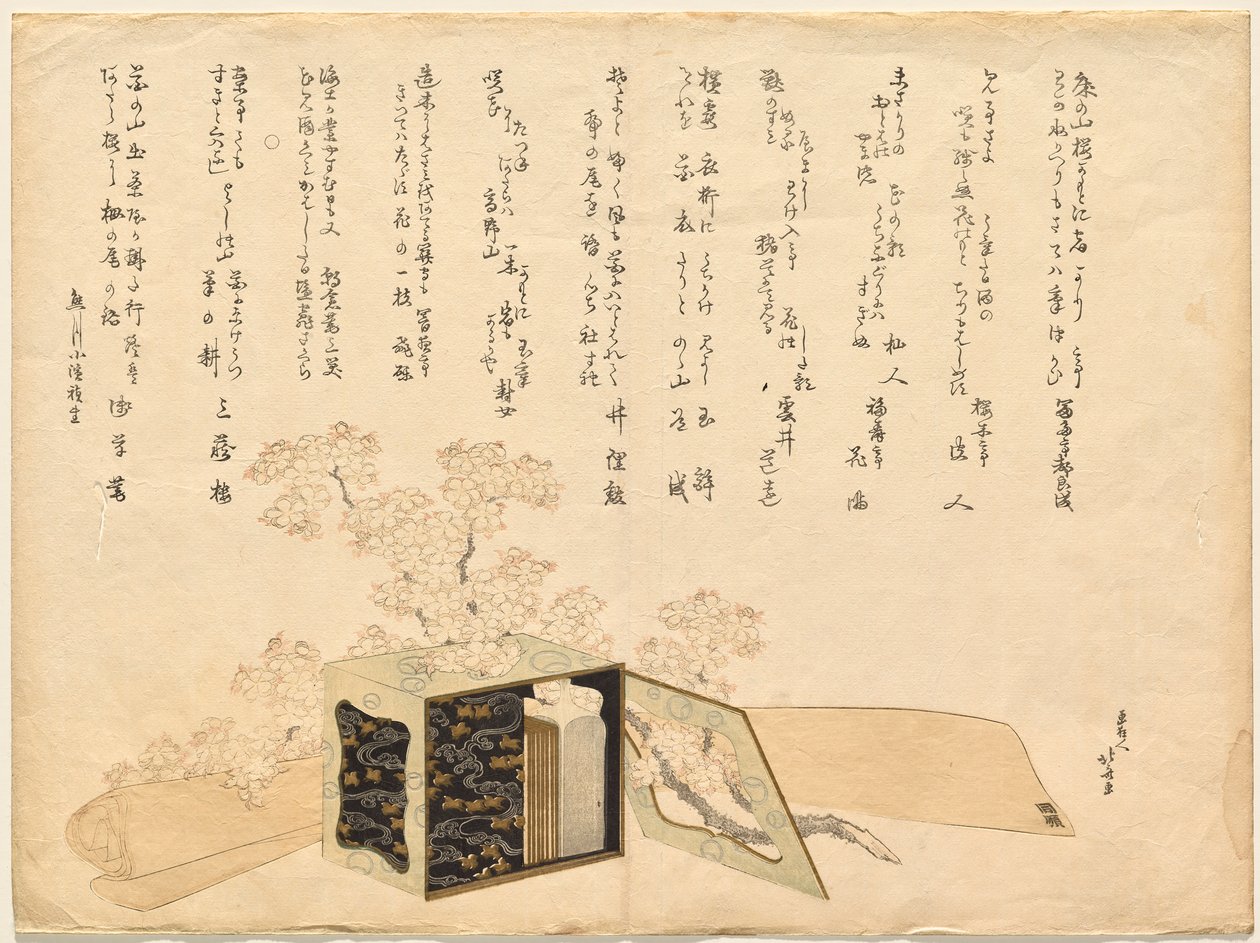 Przenośny wózek na piknik z lakieru i kwiaty wiśni autorstwa Katsushika Hokusai