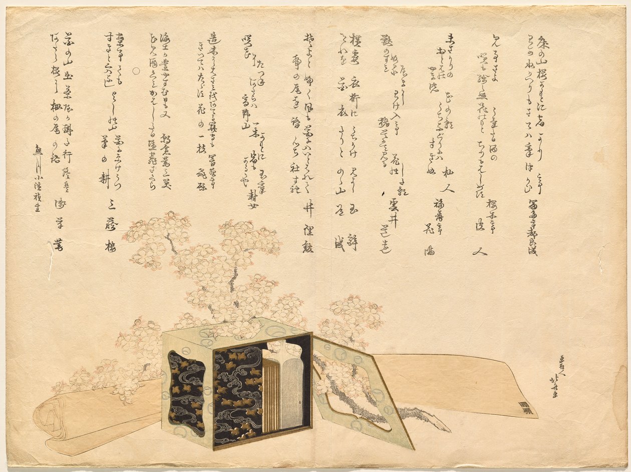 Przenośna lakierowana torba piknikowa i kwiaty wiśni autorstwa Katsushika Hokusai