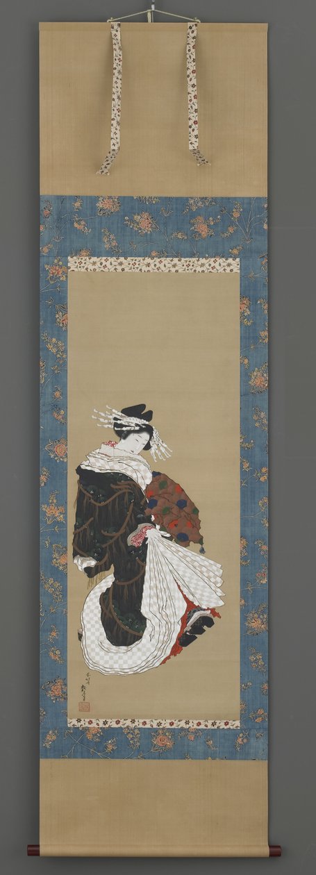 Portret spacerującej kurtyzany, ok. 1815-19 (atrament, kolor i złoto na jedwabiu) autorstwa Katsushika Hokusai