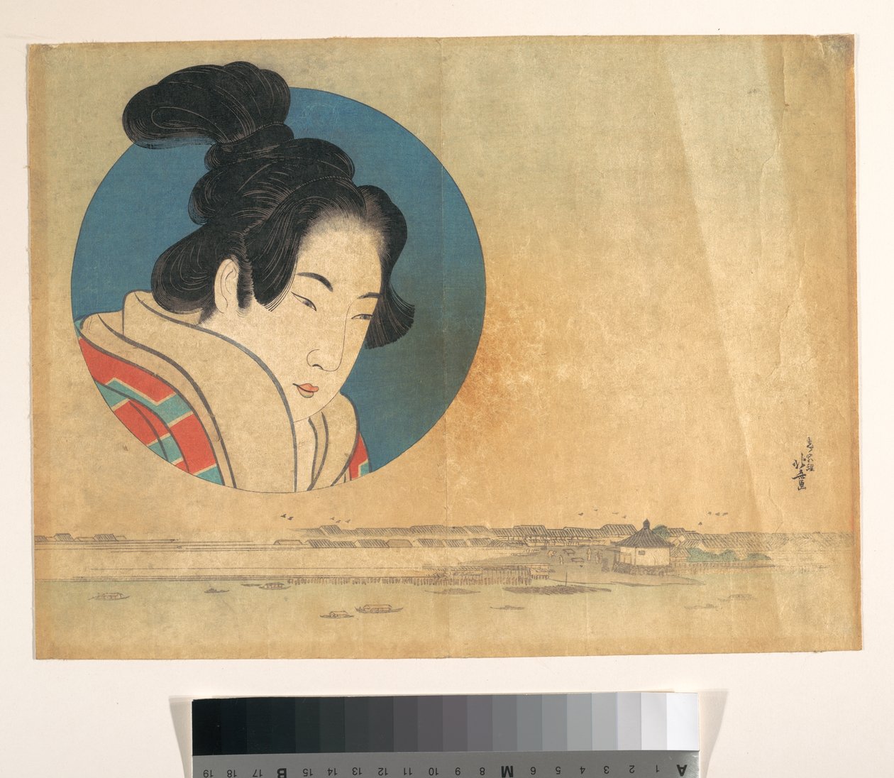 Portret kobiety w dużym okręgu z pejzażem w tle autorstwa Katsushika Hokusai