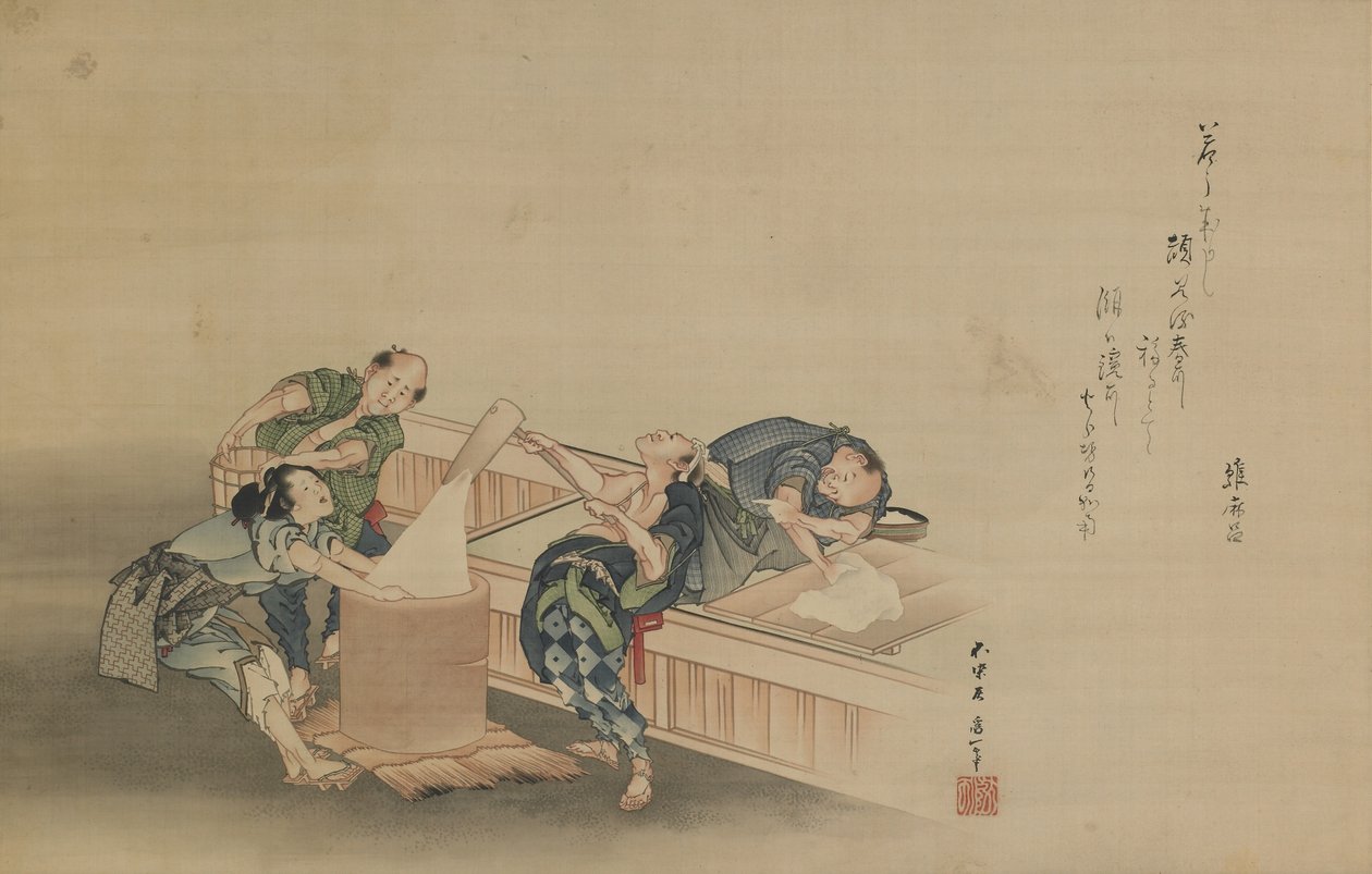 Pounding Rice for Mochi, inskrypcja Momomoto Hinamaro, okres Edo, ok. 1822 (atrament i kolor na jedwabiu zamontowany jako wiszący zwój) autorstwa Katsushika Hokusai