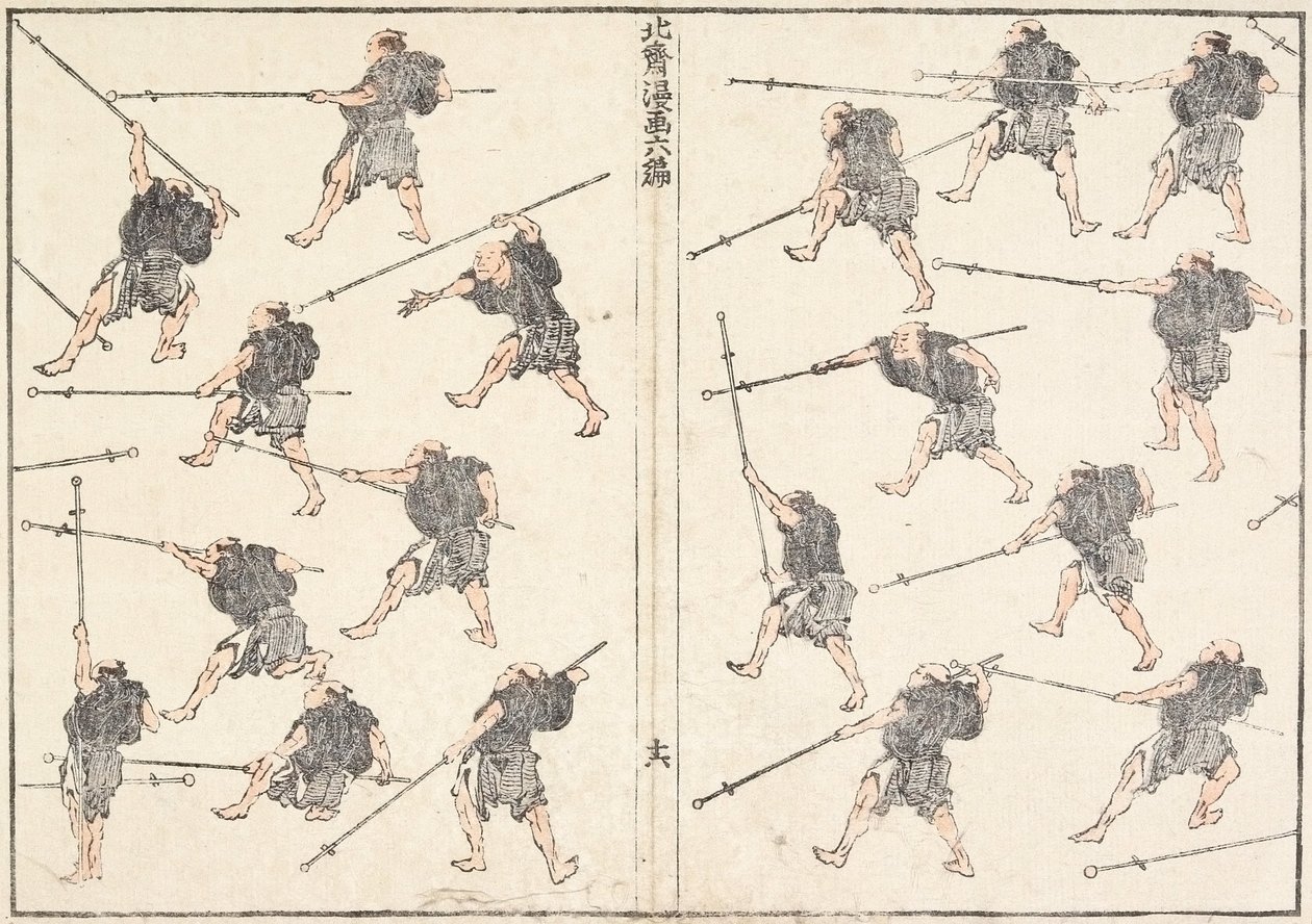 Ćwiczenia z mieczem o długim trzonku autorstwa Katsushika Hokusai