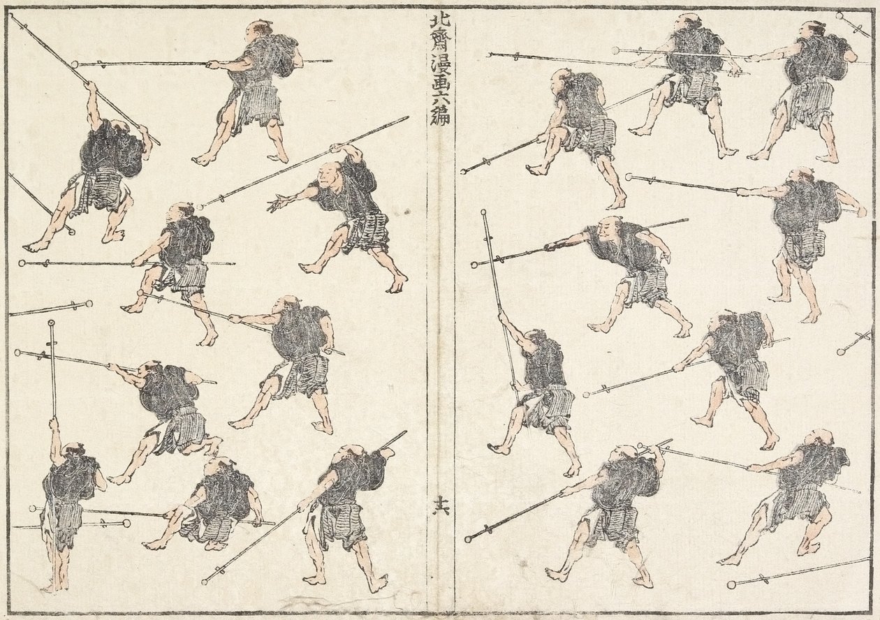 Praktyka miecza o długiej rękojeści, 1817 autorstwa Katsushika Hokusai
