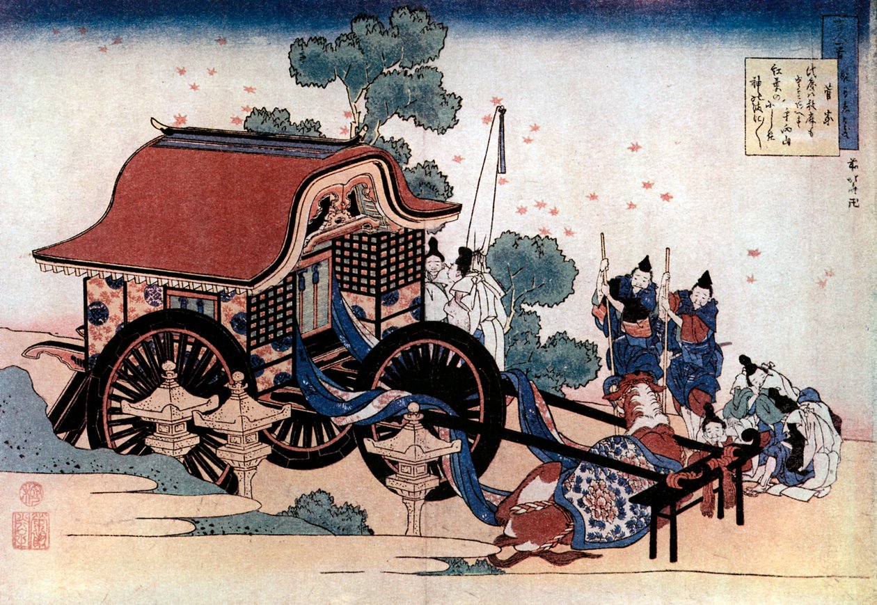 Ciągnięcie karety trójkołowej, drzeworyt japoński, ok. 1780-1849. autorstwa Katsushika Hokusai